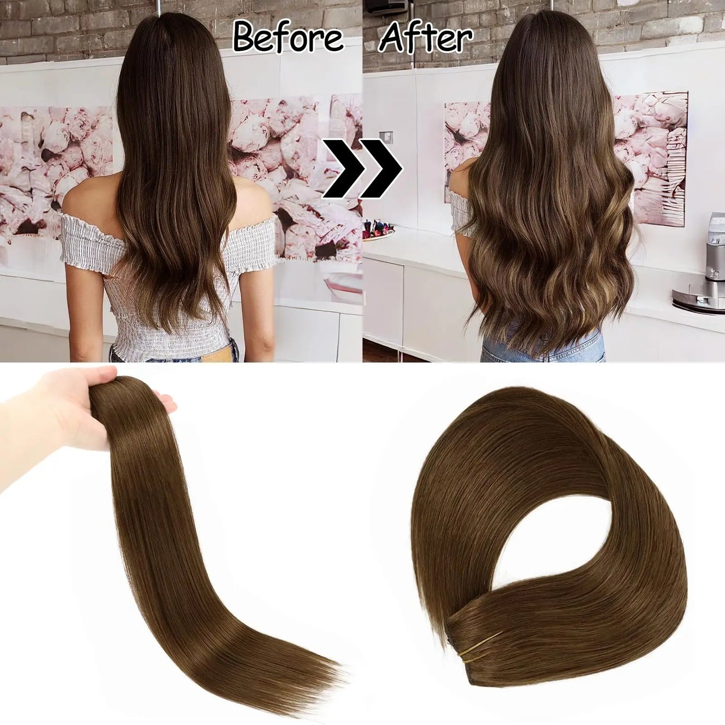 Extensiones HILO INVISIBLE 66 cm Largo Chocolate Brown 🤎 Cabello virgen 100%