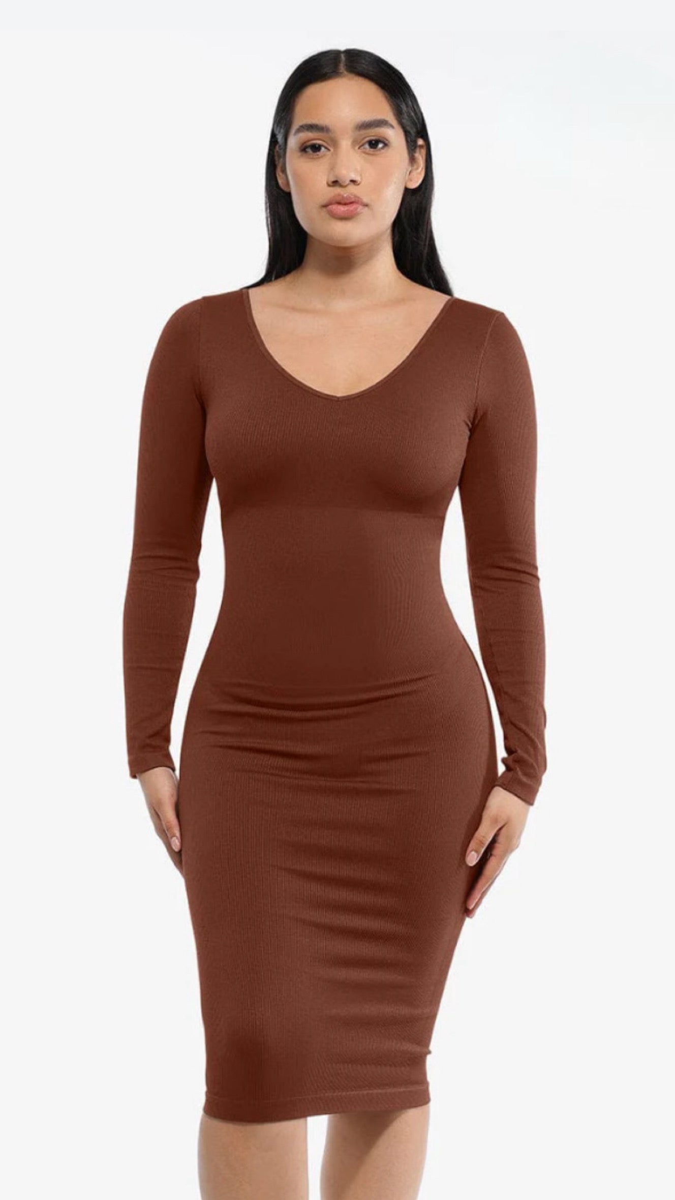 Vestido moldeador de cintura con cuello en V manga larga