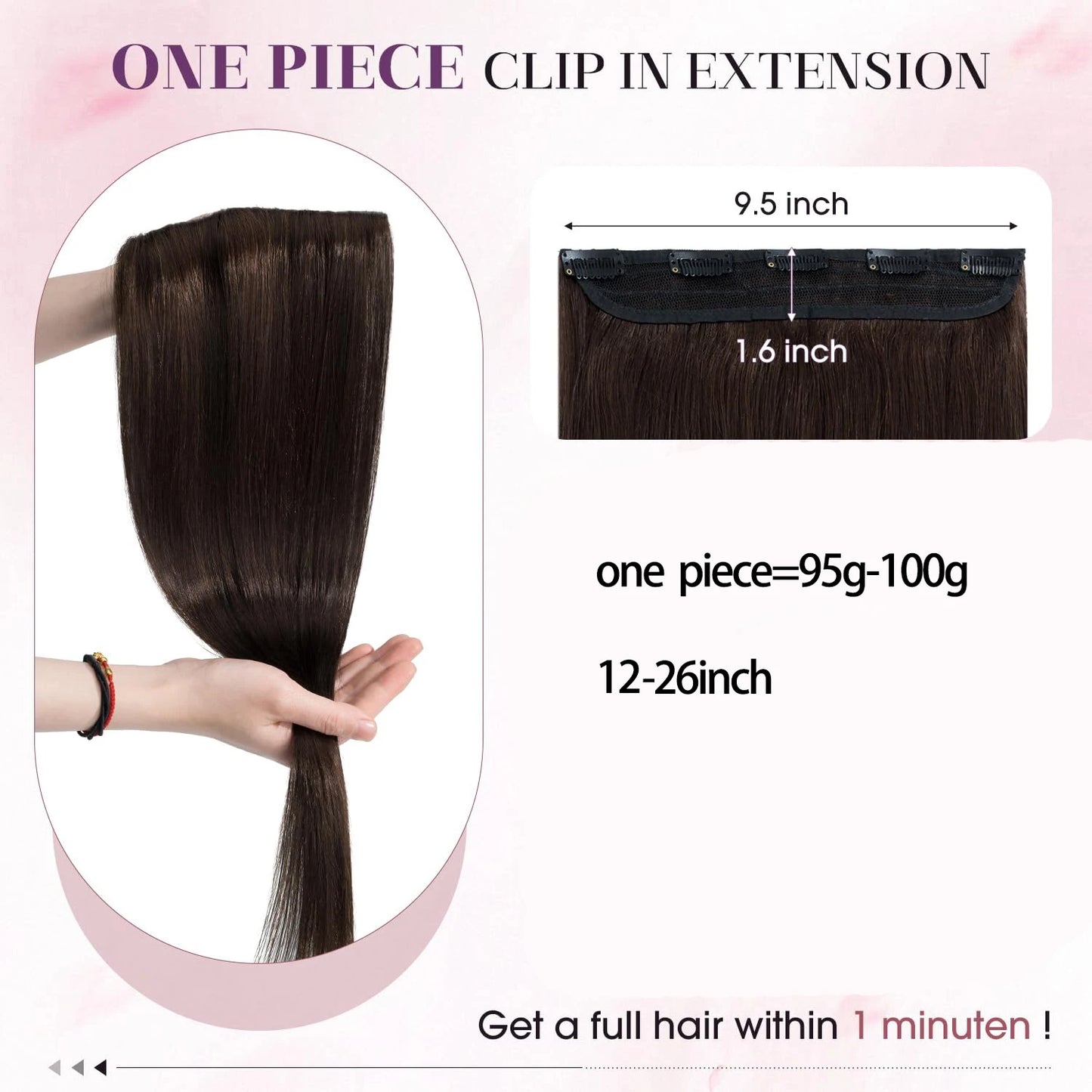 Cortina 5 CLIPS  Dark Brown 66 cm Largo Cabello Virgen 100%