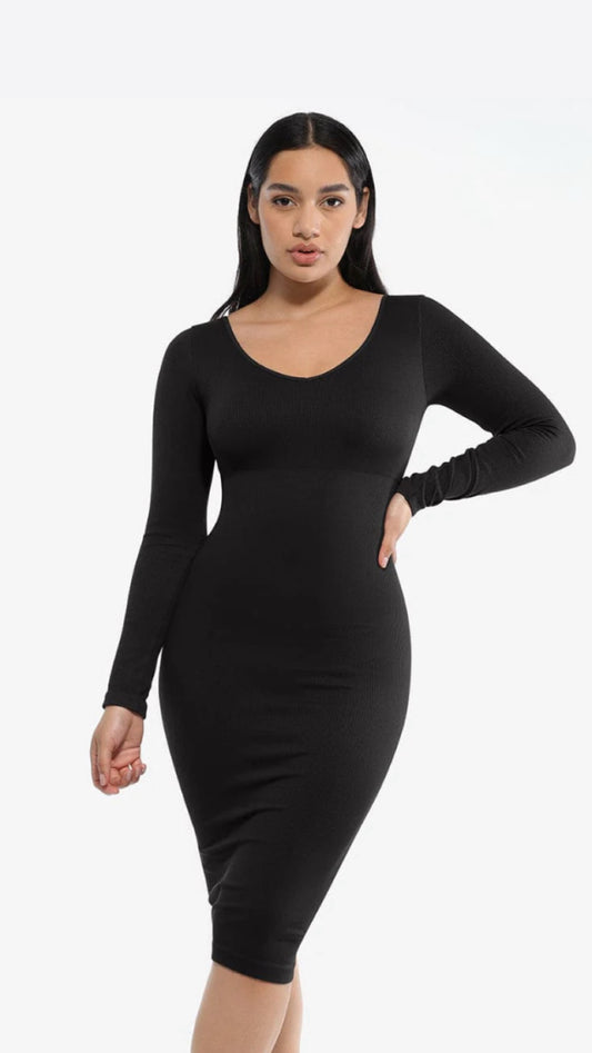 Vestido moldeador de cintura con cuello en V manga larga