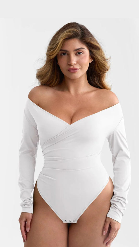 Body antibacteriano con escote en V, cintura plisada control de abdomen