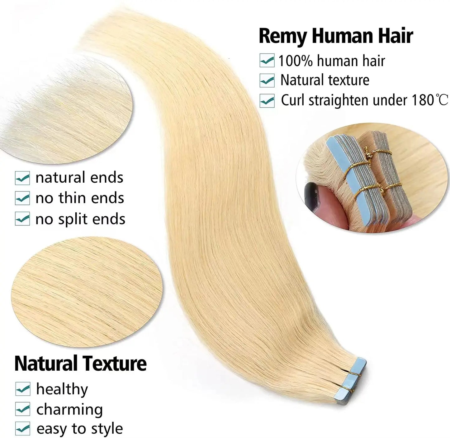 Extensiones ADHESIVAS  60 cm Largo Cabello Virgen 100 %