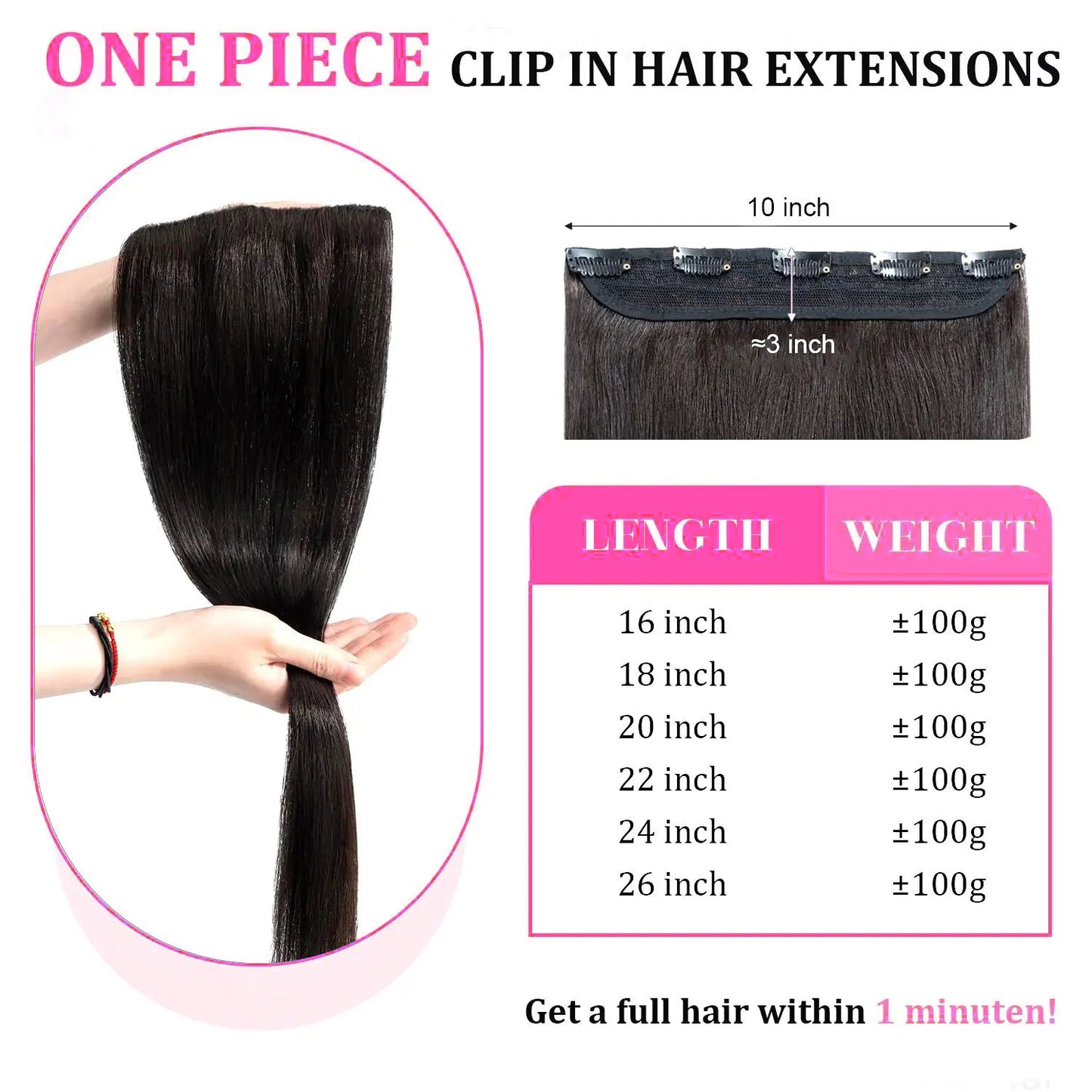 Cortina 5 Clips 66 cm de Largo Cabello VIRGEN ©️100% Natural 100 gr