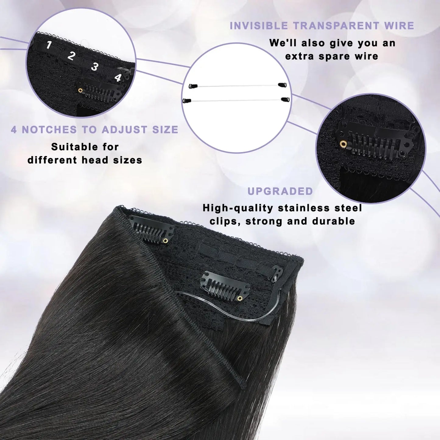 Cortina 5  CLIP Negro Natural 55 cm Largo Cabello Virgen 100%