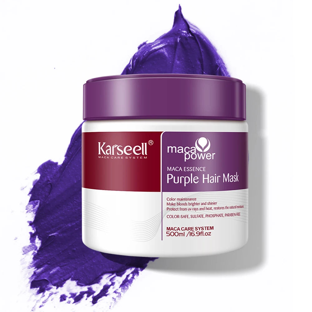 Mascarilla capilar morada profesional Karseell de 500 ml que neutraliza los tonos amarillos cobrizos
