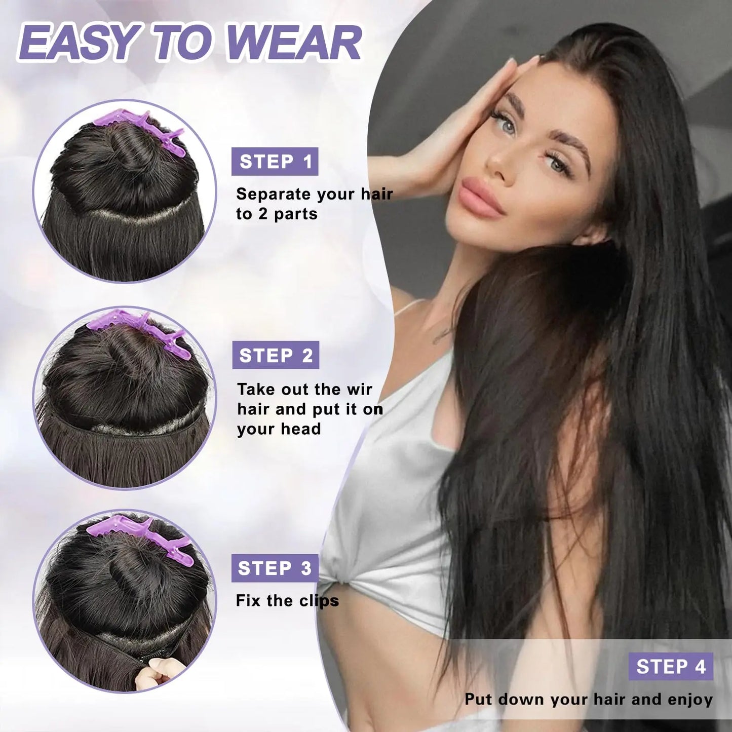 Cortina 5  CLIP Negro Natural 55 cm Largo Cabello Virgen 100%