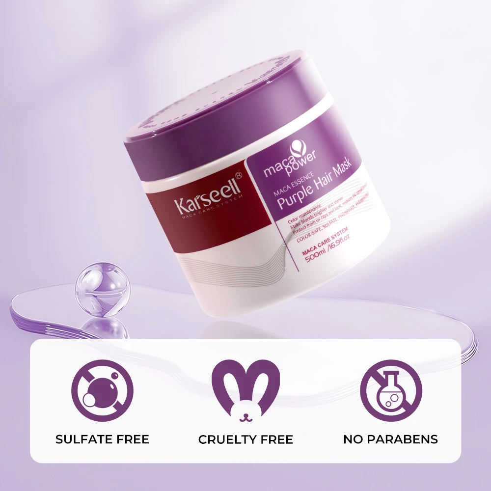 Mascarilla capilar morada profesional Karseell de 500 ml que neutraliza los tonos amarillos cobrizos