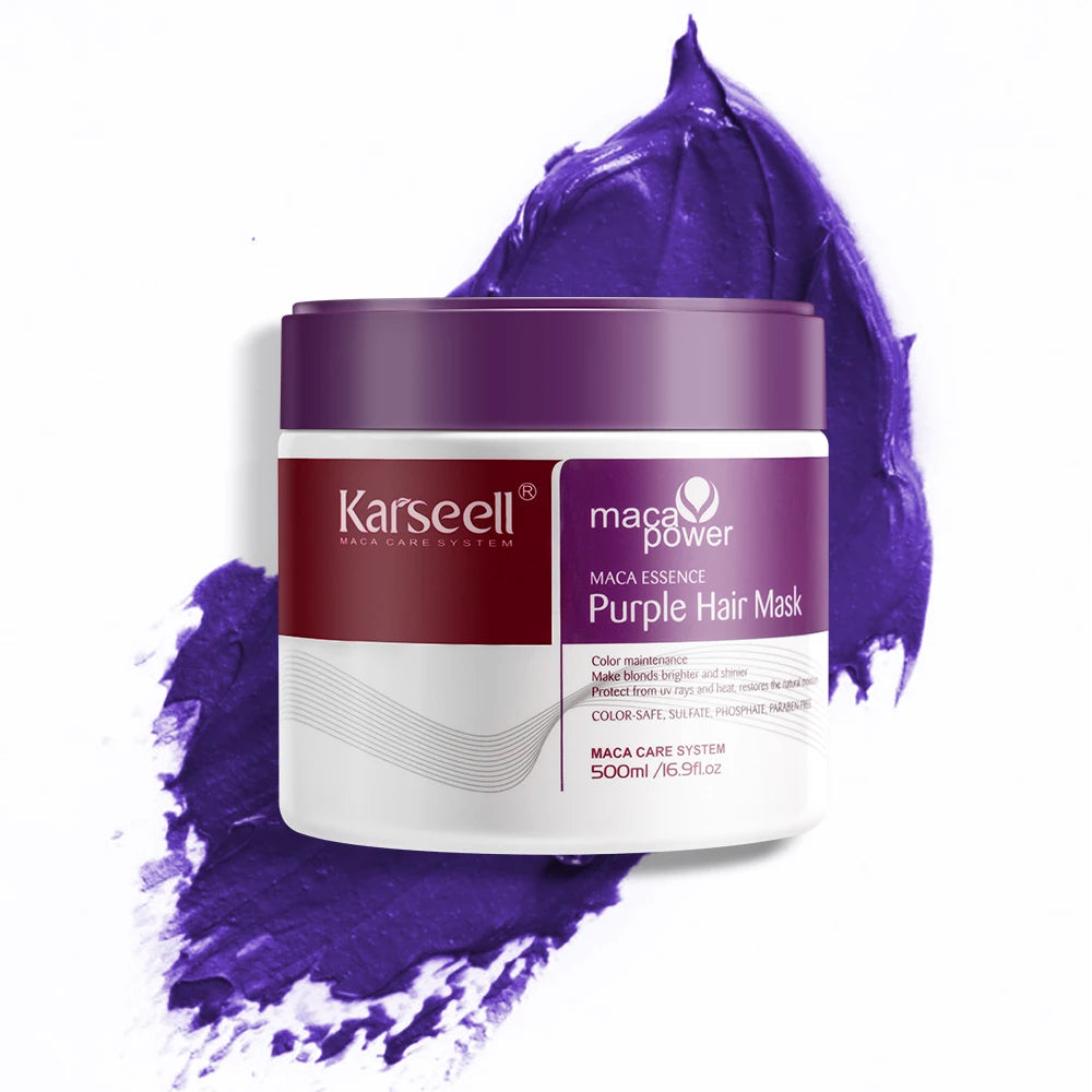Mascarilla capilar morada profesional Karseell de 500 ml que neutraliza los tonos amarillos cobrizos