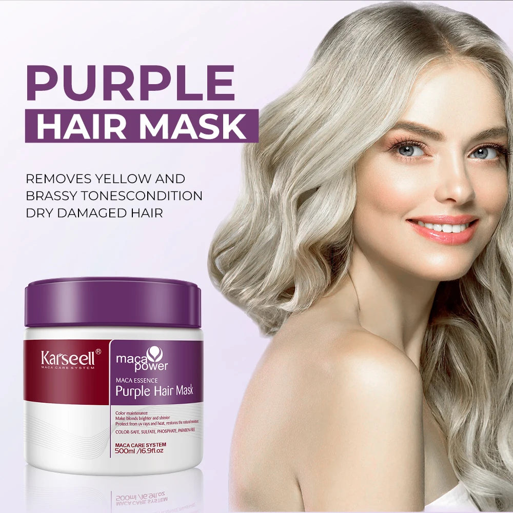 Mascarilla capilar morada profesional Karseell de 500 ml que neutraliza los tonos amarillos cobrizos