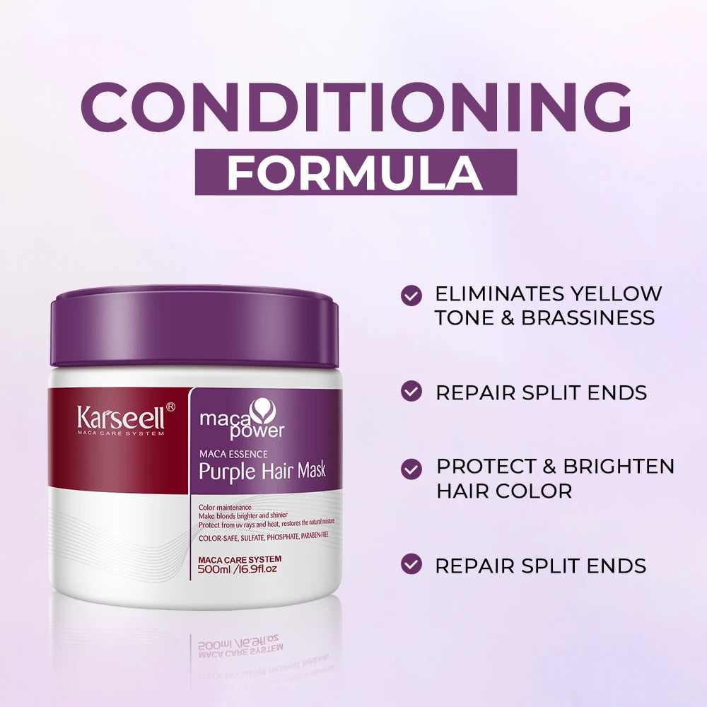 Mascarilla capilar morada profesional Karseell de 500 ml que neutraliza los tonos amarillos cobrizos