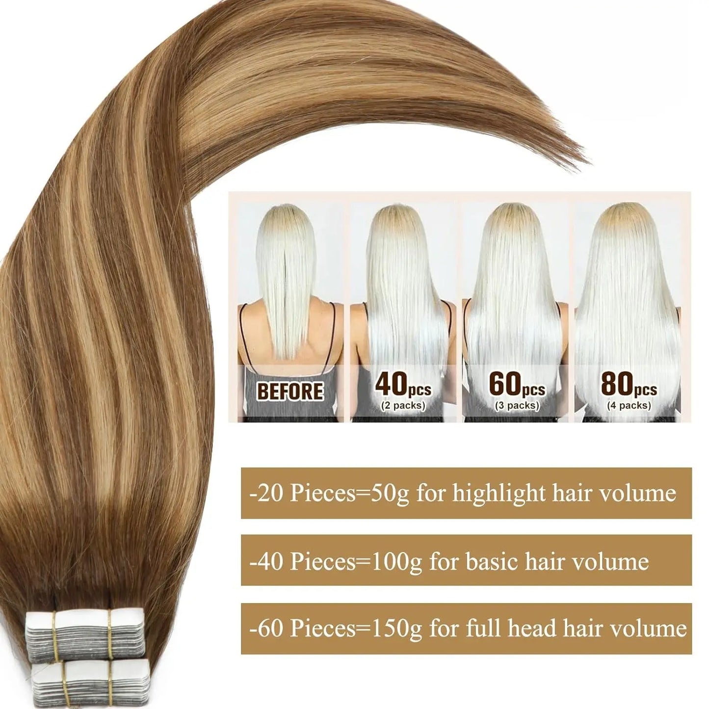 Extensiones de Cabello adhesivo Invisible 20 Piezas de 40 cm