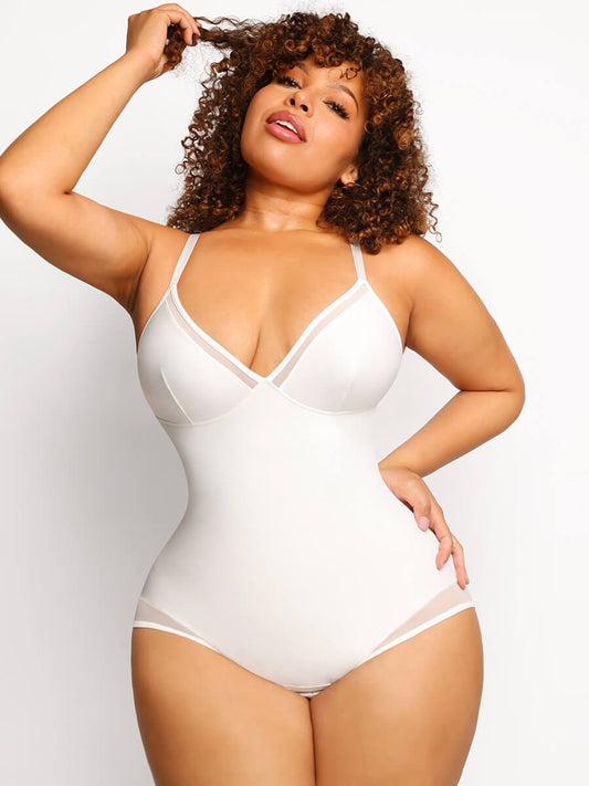 Body de malla transparente con escote en V profundo